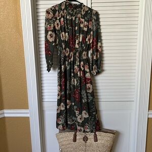 Zara Basic Collection Green Floral Dress Long Sleeve